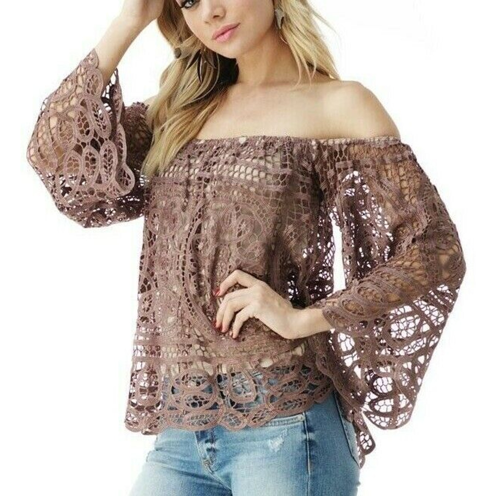 Sky Clothing Brand Nwt S Off Shoulder Lace Floral Embroidered Taupe Brown Nude